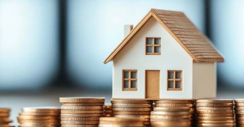 Stapels met munten waarop een huis staat