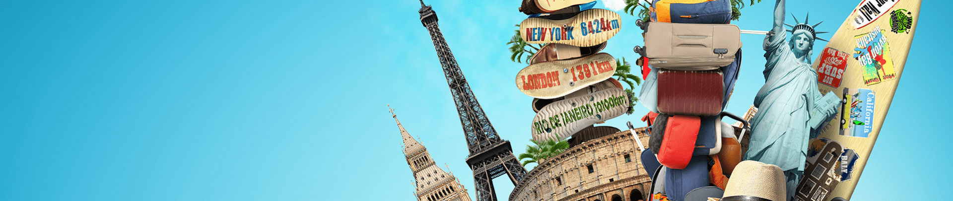 Campagne vakantiegevoel; verzameling van spullen en bagage om op reis te gaan op een blauwe achtergrond